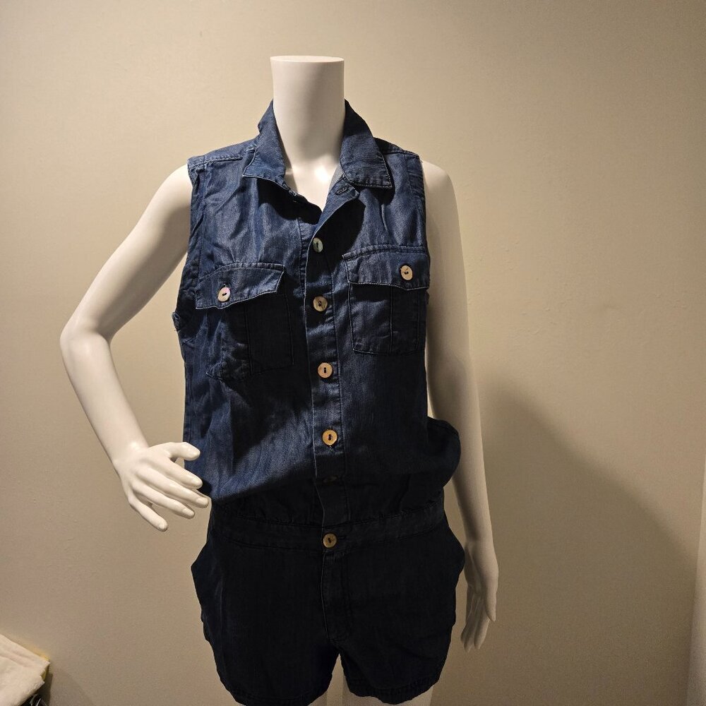 True Religion Sleeveless Chambray Romper Dark Blue XS